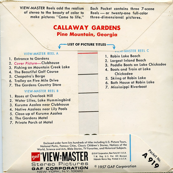 ViewMaster - Callaway Gardens - Pine Mountain - A919 - Vintage - 3 Reel Packet - 1960 views