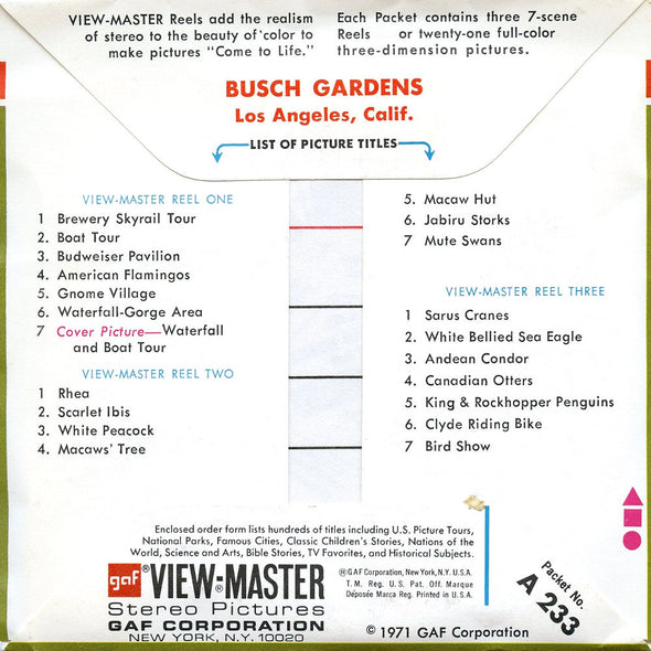 ViewMaster Busch Gardens - Los Angeles - A233 - Vintage - 3 Reel Packet - 1970s Views