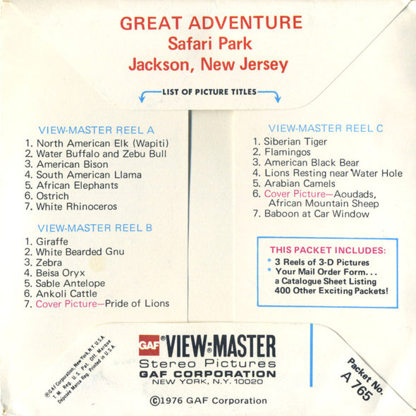 ViewMaster - Great Adventure Safari, Jackson, New Jersey - Vintage - 3 Reel Packet - 1960s Views