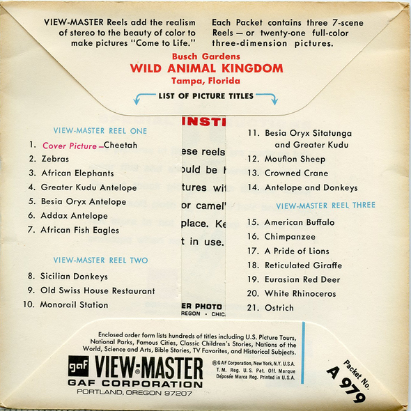 ViewMaster Busch Gardens - Wild Animal Kingdom -A979 Vintage -3 Reel Packet - 1960s views