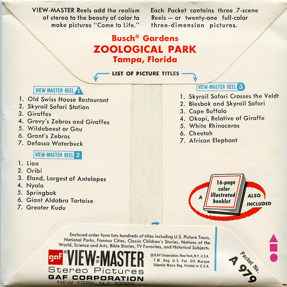 ViewMaster Busch Gardens - Zoological Park - A979 - Vintage - 3 Reel Packet - 1960s Views