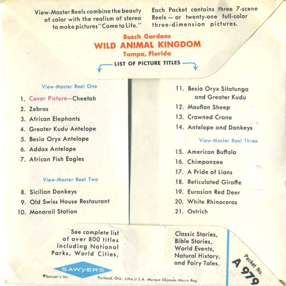 ViewMaster - Busch Gardens - Wild Animal Kingdom - A979 -  Vintage - 3 Reel Packet - 1960s views