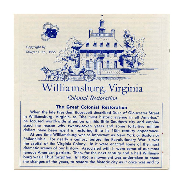 ViewMaster - Williamsburg Colonial Restoration - Vacationland Serie - Vintage - 3 Reel Packet - 1950s Views
