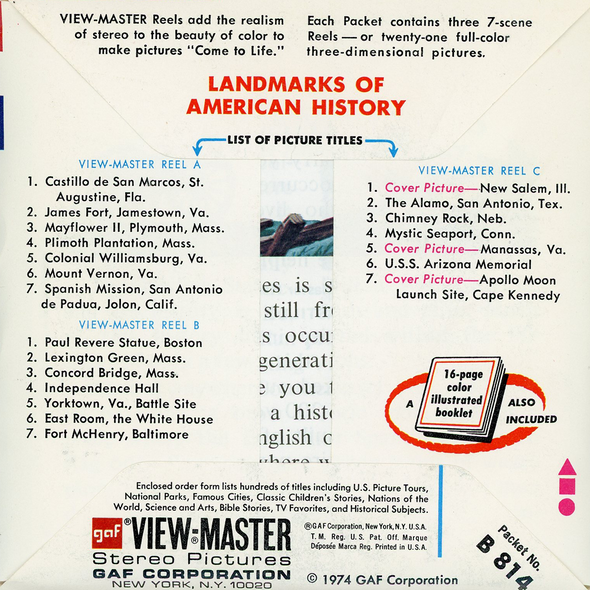 ViewMaster Landmarks of American History  - B814 - Vintage - 3 Reel Packet - 1970s Views